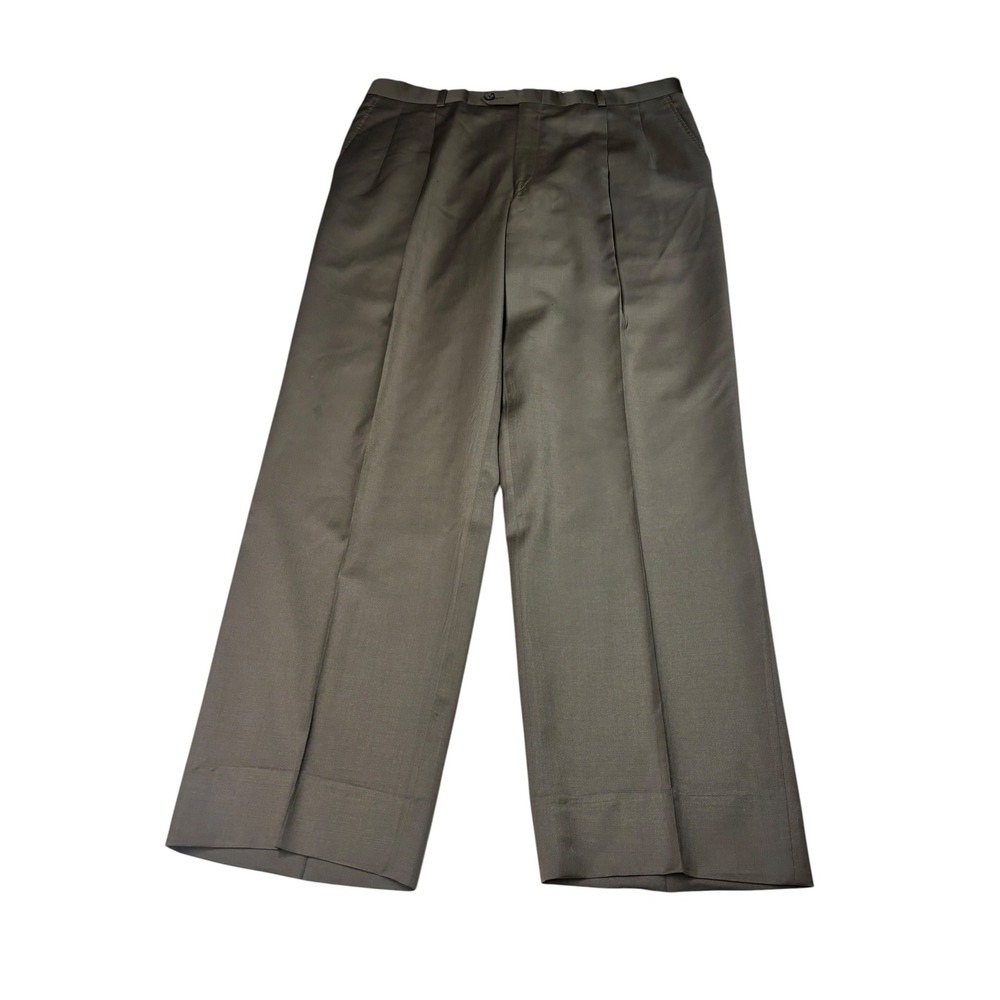 Burberry London Mens Pleated Trousers Olive Brown Wide Leg Cotton Pants 36x30